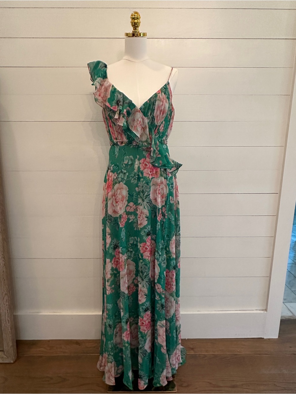 Mac Duggal Floral Ruffled One-Shoulder Maxi Dress in Green and Pink